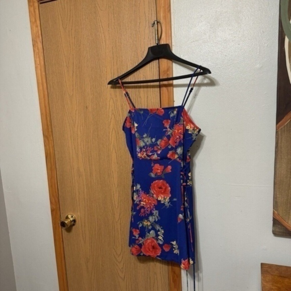 Altar'd State Medium Blue w/Floral Print w/Spaghetti Straps Fit & Flare Dress